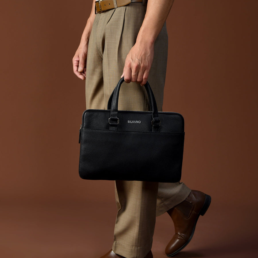 Silvano Ultra Edge full-grain leather laptop sleeve in black