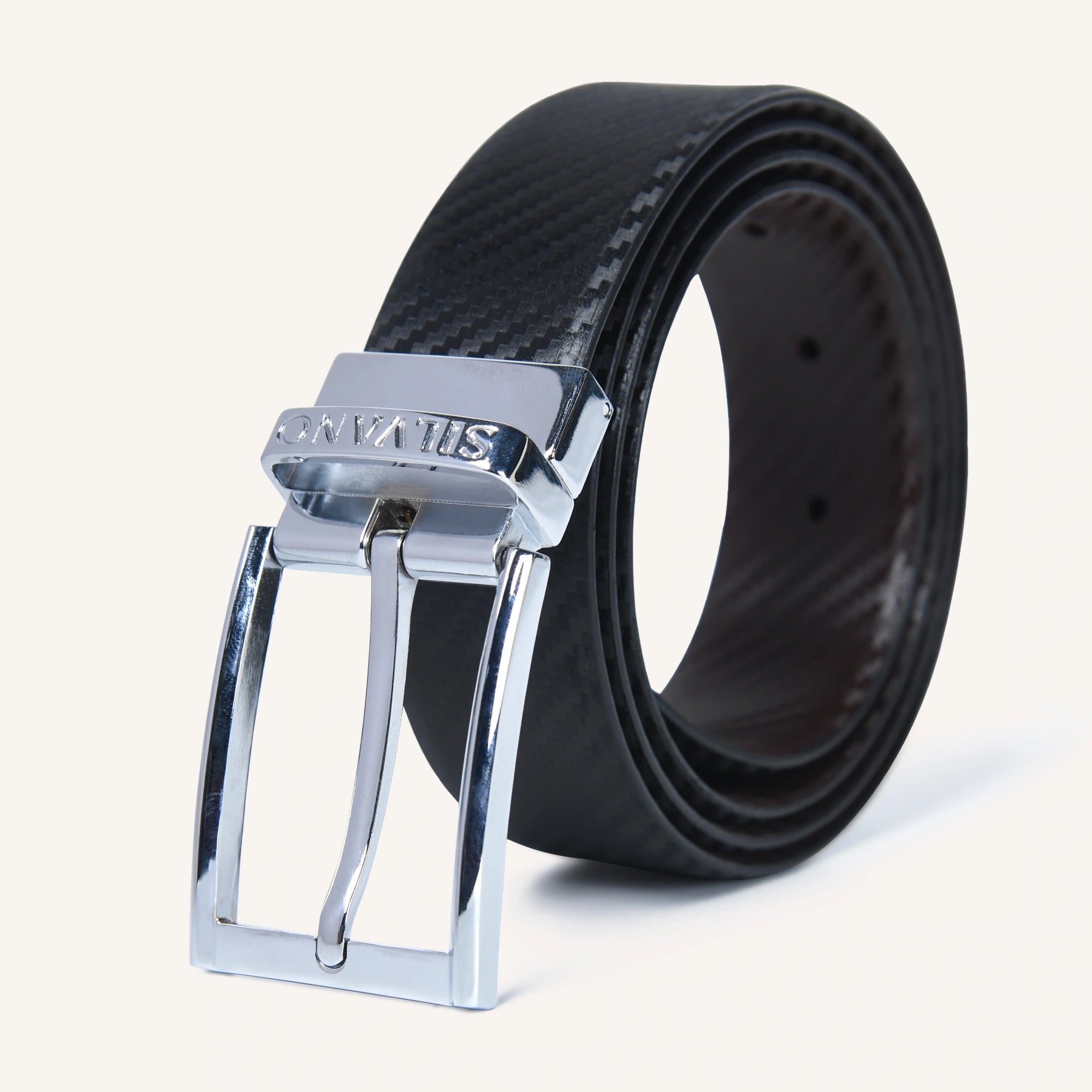 Black belt with silver buckle on a white background