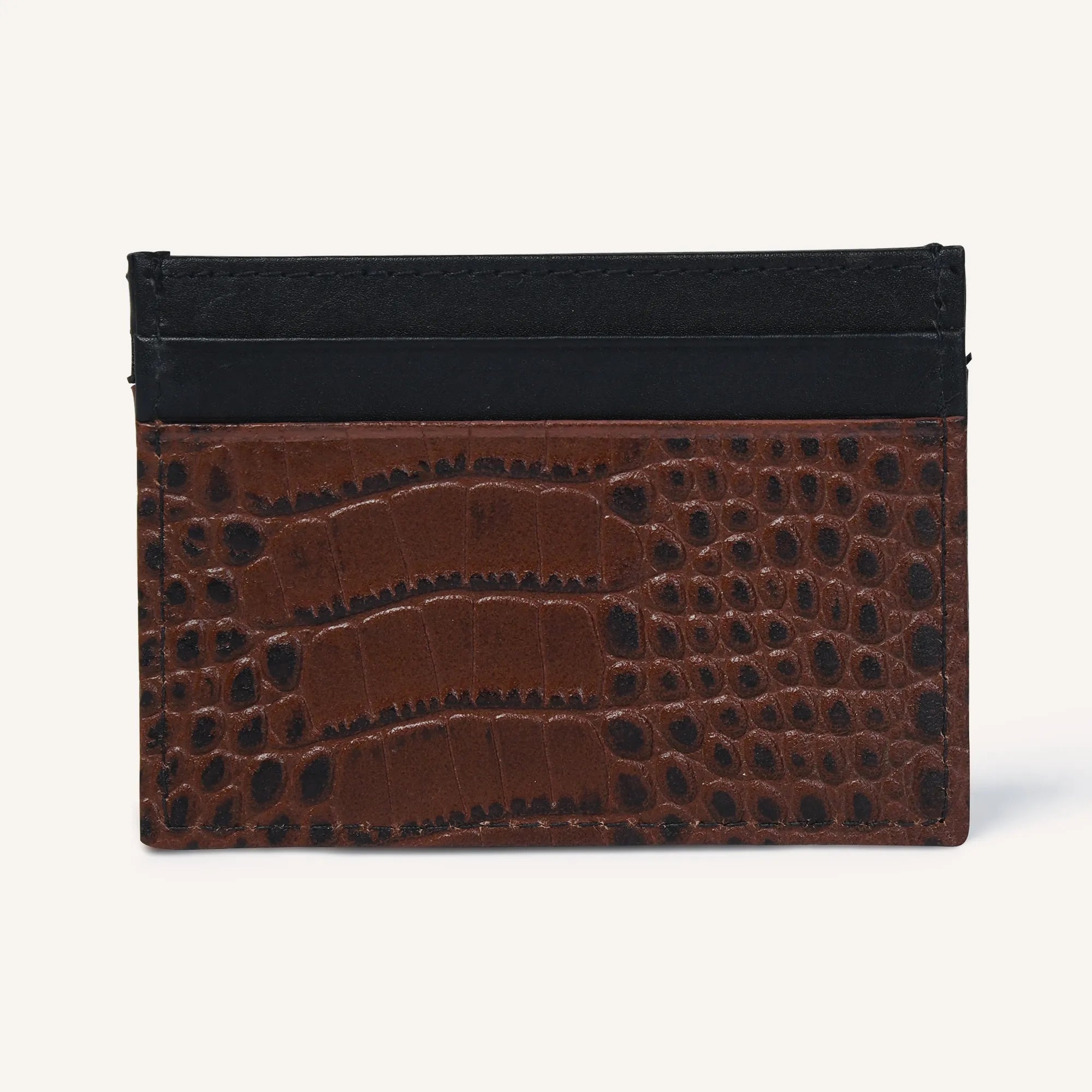 silvano gator grip card holder - cognac and black leather card holder with textured finish