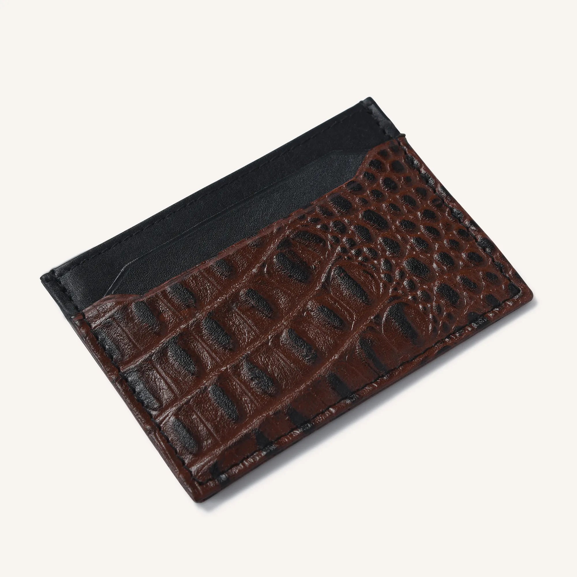 silvano gator grip card holder - cognac and black leather card holder with textured finish
