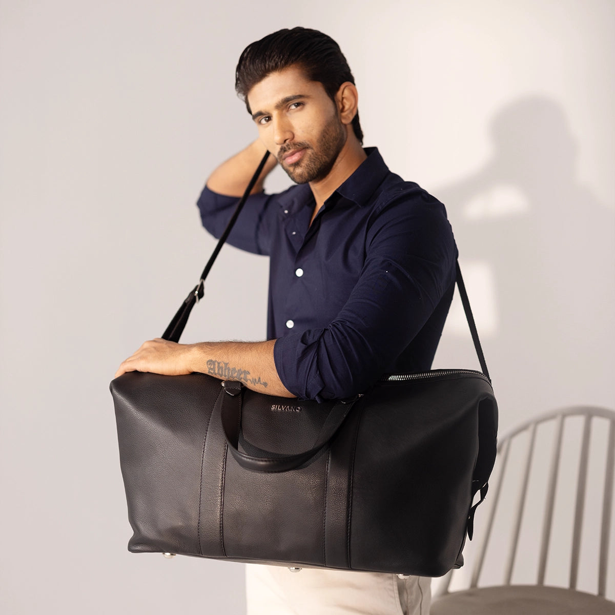 silvano knapsack weekender duffle bag - black leather duffle bag
