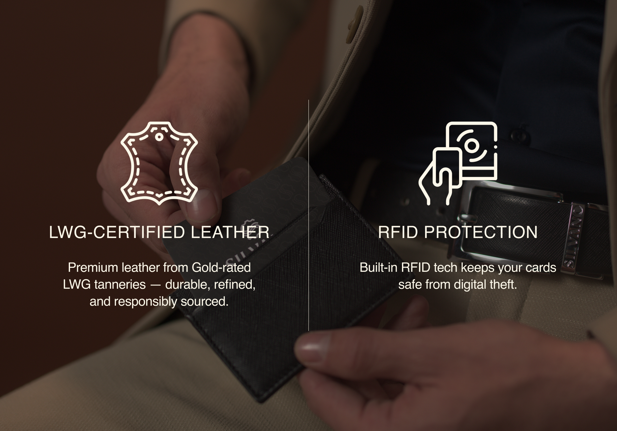 black leather card holder with lwg-certified leather and rfid protection held by man in beige suit