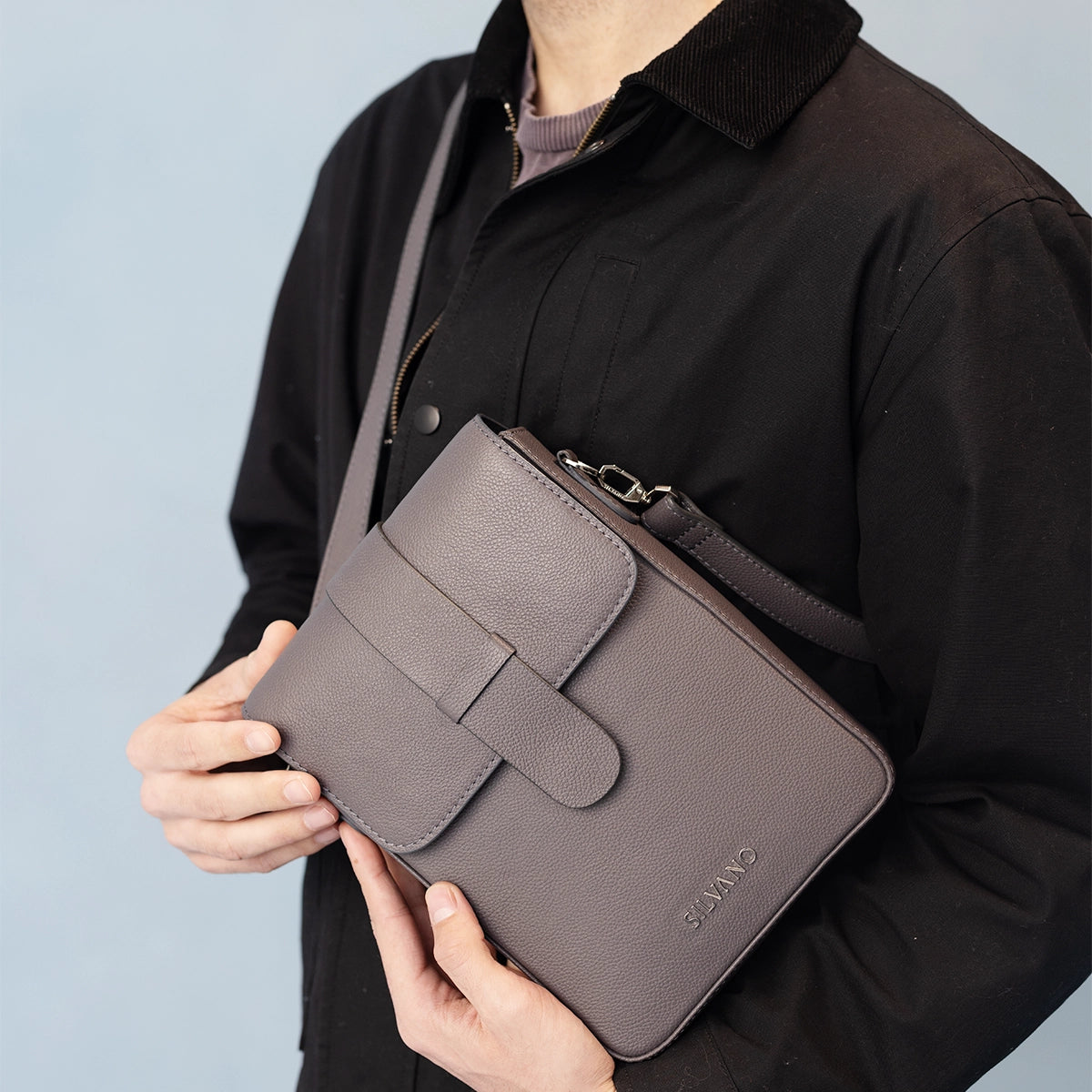 silvano wayfarer's sling crossbody bag - gray leather crossbody bag