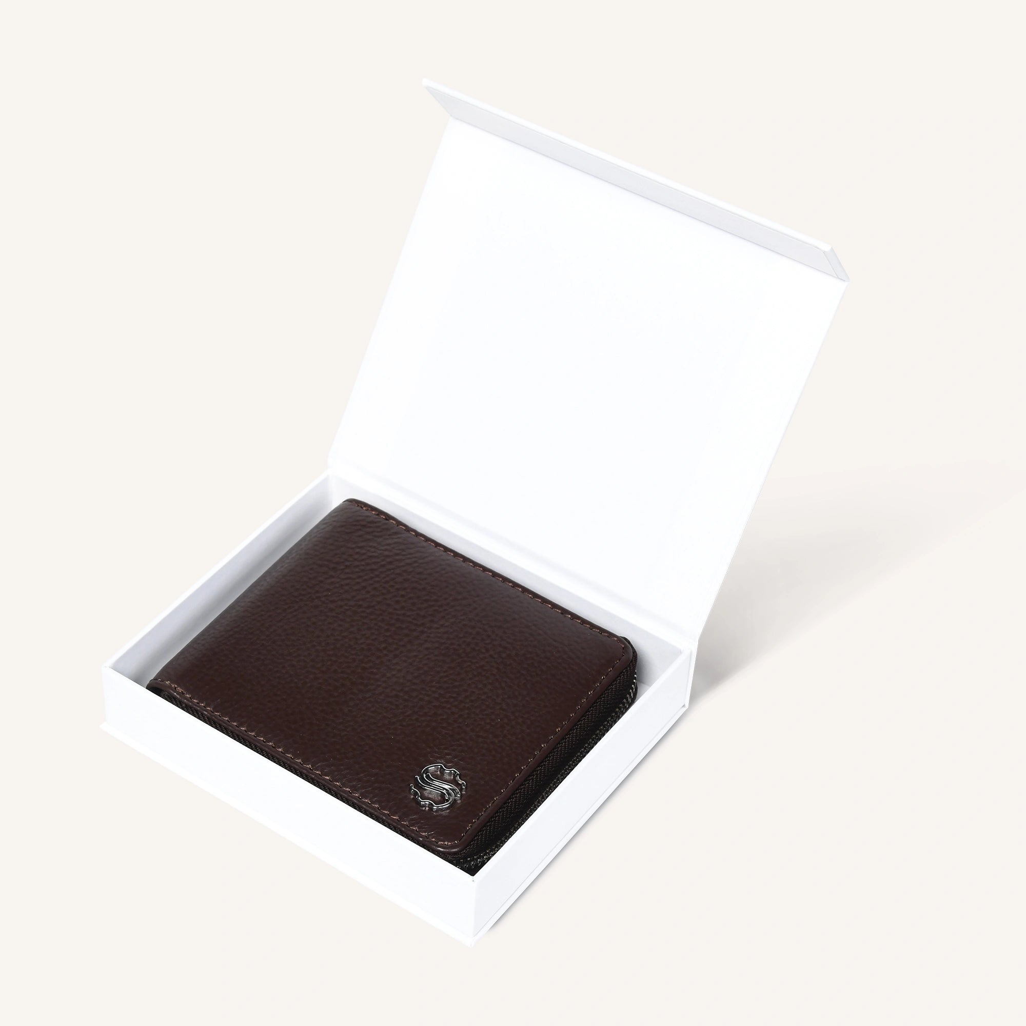 silvano coin caddy zip round wallet - brown leather wallet with zip-around design and coin compartment with box