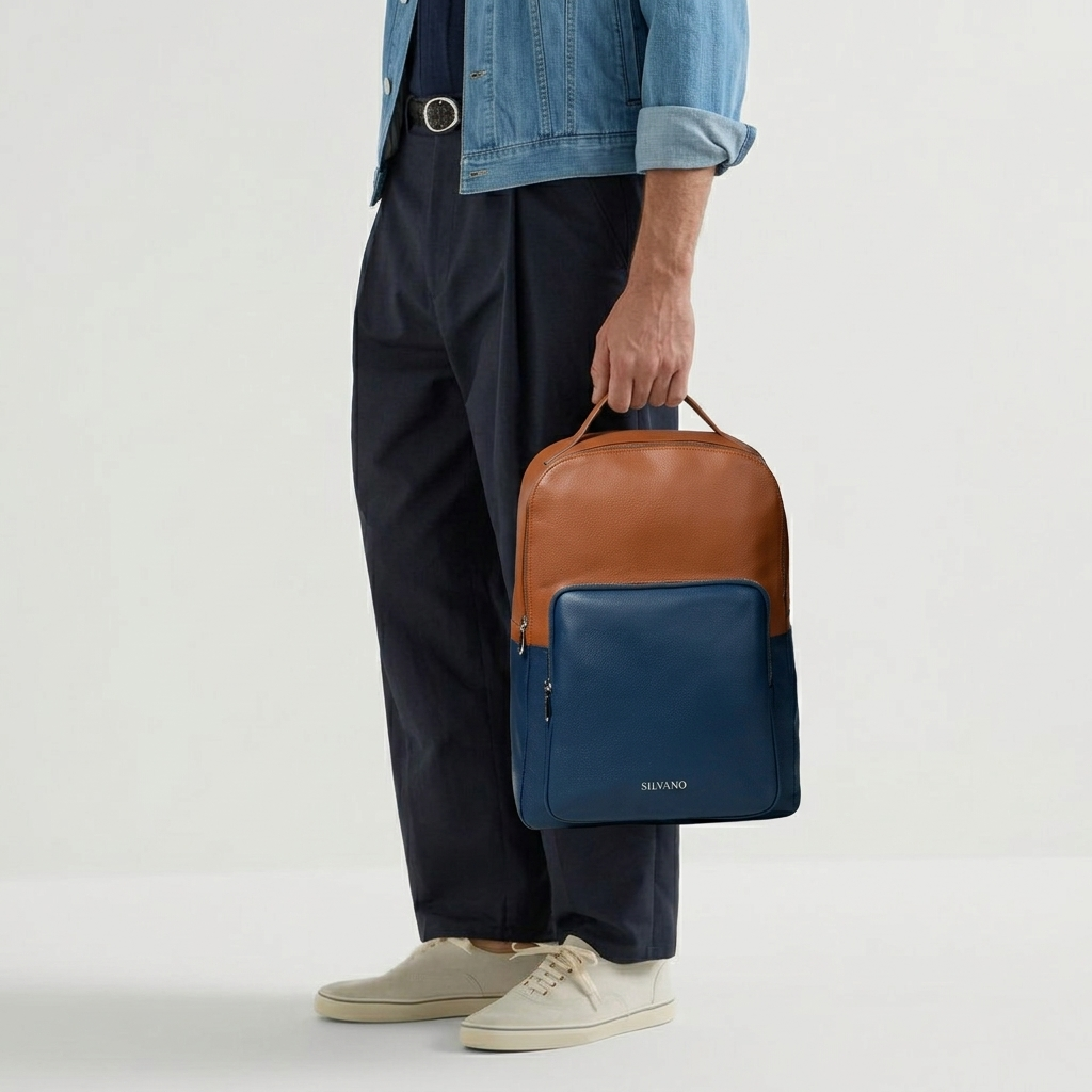 DuoTone Leather Backpack – Tan/Navy Blue