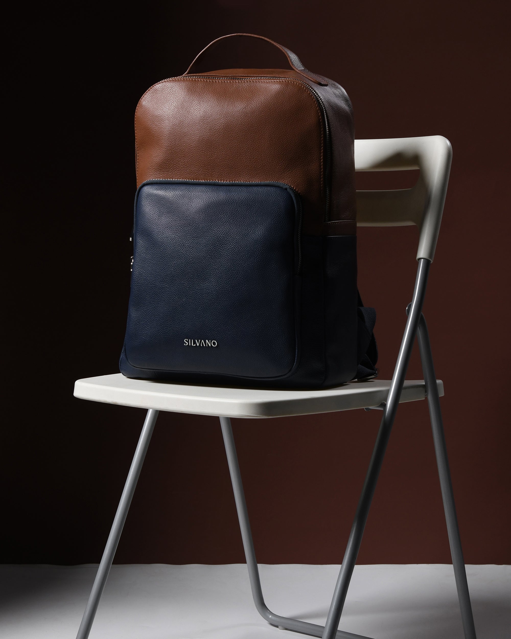 DuoTone Leather Backpack – Tan/Navy Blue